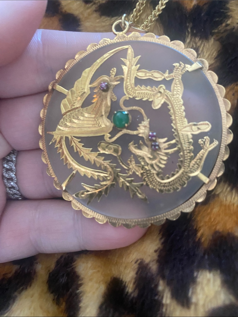 14 kt yellow gold Dragon & Phoenix Medallion Pendant, rock crystal.